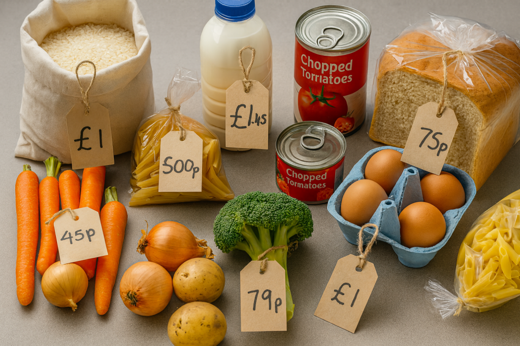Budget weekly shop staples with price tags: rice, pasta, eggs, bread, milk, potatoes, carrots, onions, broccoli, chopped tomatoes.