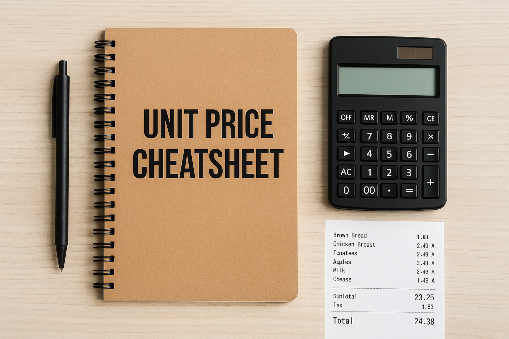 Unit price cheatsheet notebook with calculator, pen and receipt on a light wooden desk.