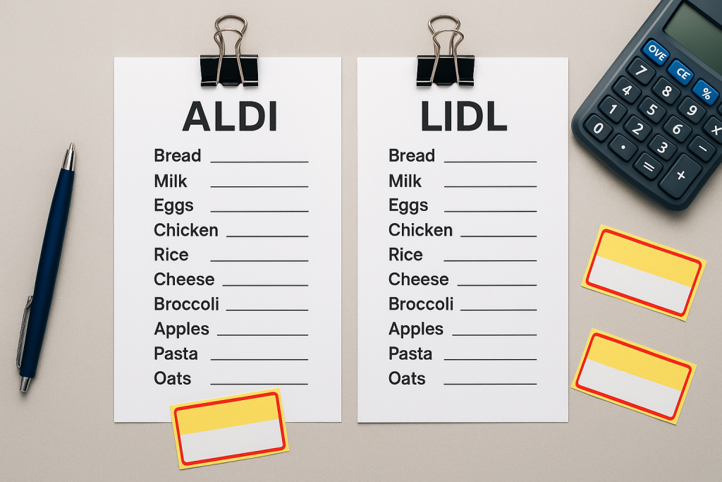 Side-by-side Aldi vs Lidl basket checklist with blank price slots on a wooden desk.