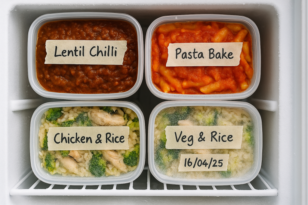 Labeled freezer meal containers: Lentil Chilli, Pasta Bake, Chicken & Rice, Veg & Rice.