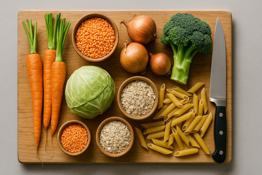Budget vegetarian staples: carrots, onions, cabbage, broccoli with bowls of lentils, oats and pasta on a chopping board.