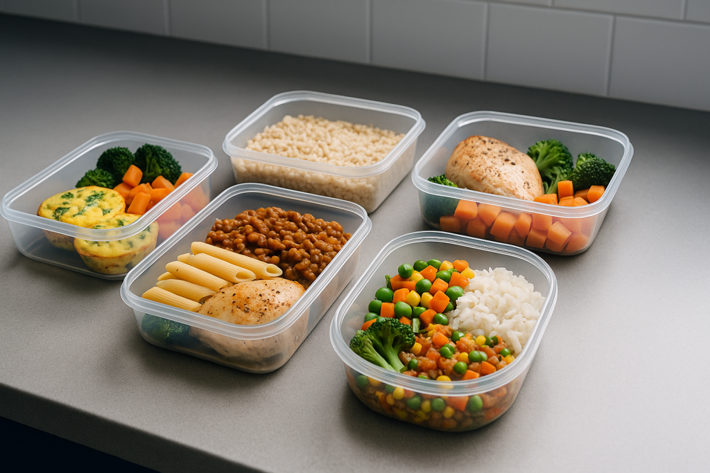 High-protein NHS shift meal prep in reusable containers on a kitchen counter.